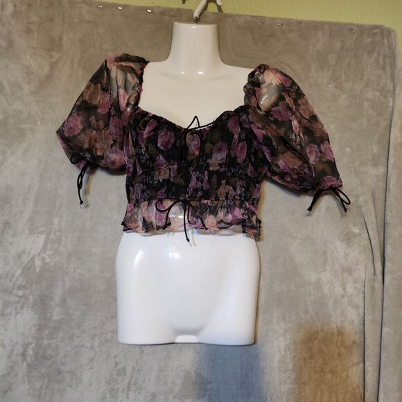 For Love & Lemons Sunshine Sheer Floral Puff Sleeve Crop Top Drawstring Detail - Picture 5 of 7